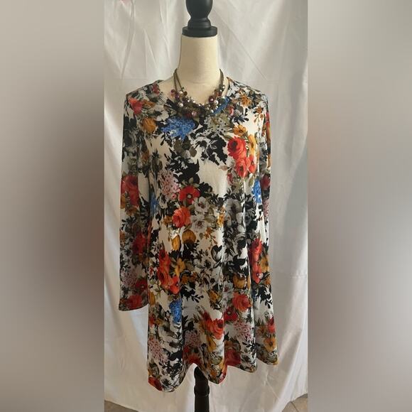 Discreet Women’s Trapeze Dress Tunic Cream Floral Print Long Sleeve Stretch XL - Picture 1 of 6